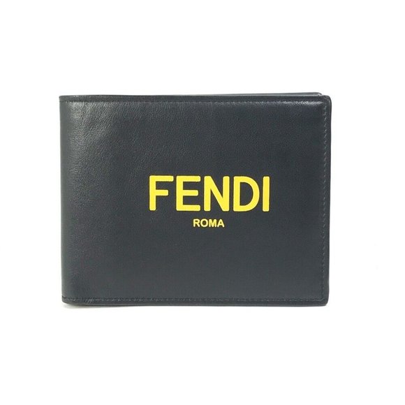 FENDI 7M0001 logo Wallet Folded wallet Leather Black x Yellow - Picture 1 of 13